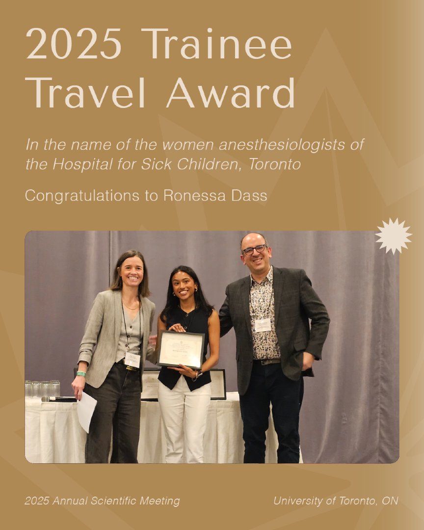 Congratulations to Ronessa Dass, our 2025 Canadian Pain Society Trainee Conference Travel Award Recipient, in the name of the women anesthesiologists of the Hospital for Sick Children, Toronto.