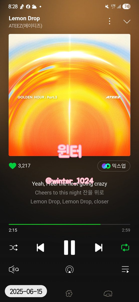 winter_1024's tweet photo. 2025. 06. 15 20시
멜론

#LemonDrop만_들려_여기에 #ATEEZ #에이티즈
#GOLDENHOUR #GOLDENHOUR_Part3 #LemonDrop https://t.co/hXNR3TgKGZ