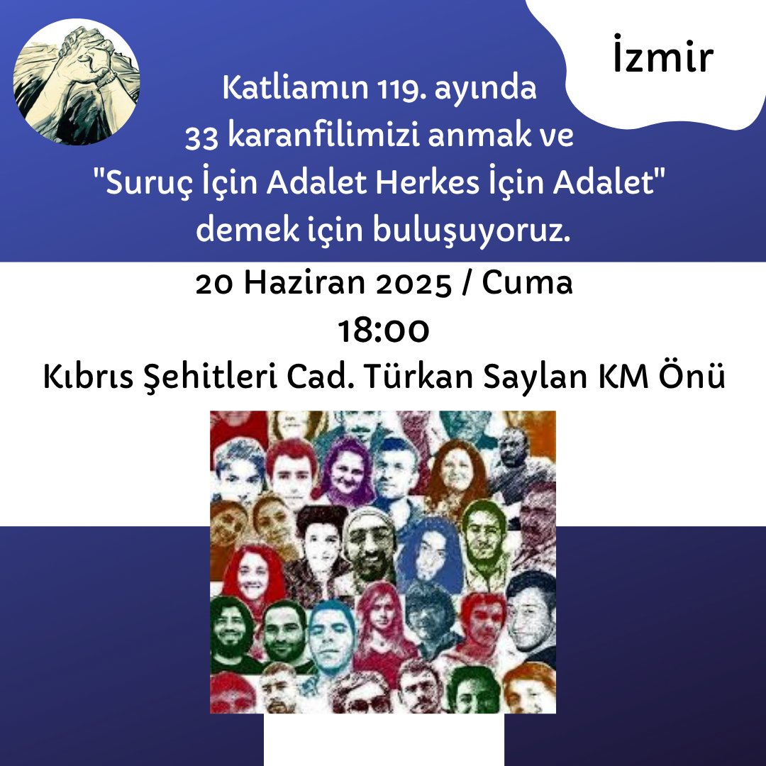 Kayıplarımızın onuncu acılı senesine, mücadelemizin onuncu onurlu senesine yürürken sevgili dostlarımızı ve adalet savunucularını bu ayki anmamızda da yanımızda olmaya davet ediyoruz. 

Suruç için Adalet 
Herkes için Adalet!