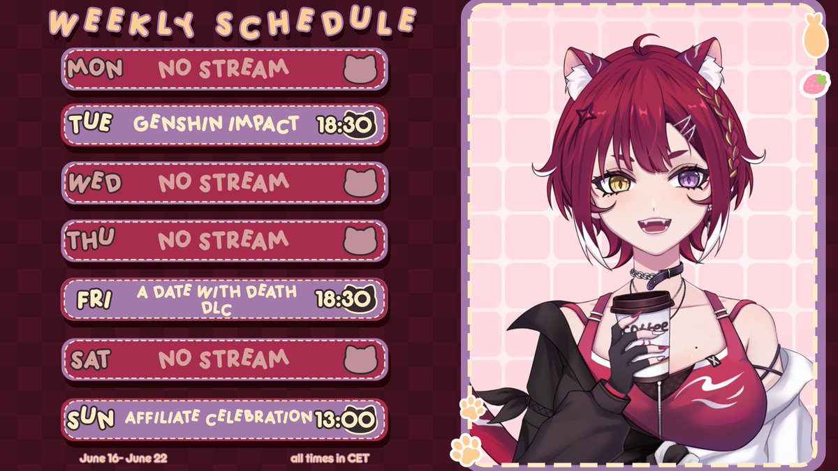 WEEKLY SCHEDULE 
June 16th - June 22nd

Finishing Natlan Archon quest? A babygirl DLC finally? And a yapping sesh to celebrate becoming affiliate on Twitch! A busy week :3

Twitch: twitch.tv/mimimeowtini

#MimiMeowtini #vtuber #VtuberEN #ENVtuber #GenshinImpact #ADatewithDeath