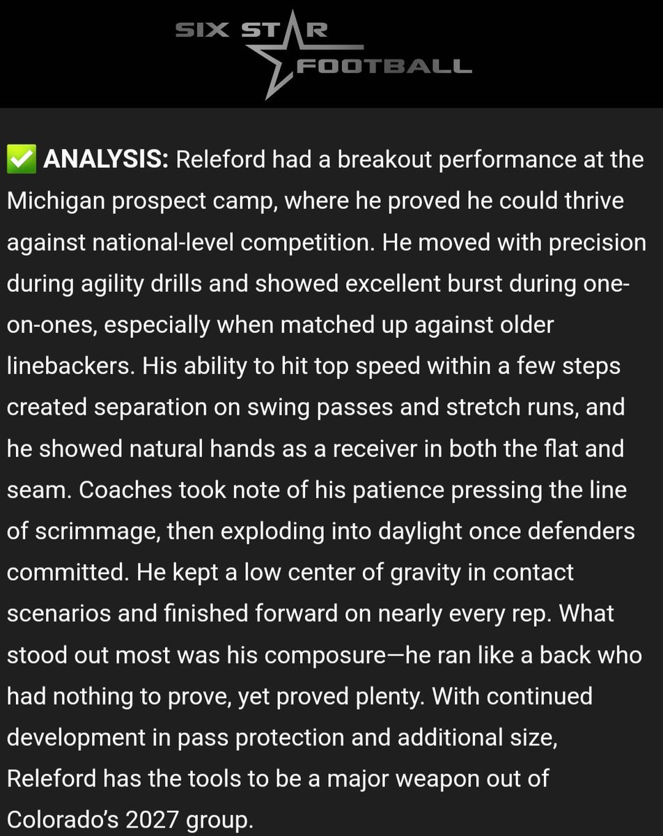 <a href="/sixstarfootball/">Six Star Football | PLUS+</a> thank you for the write up. Very greatful for the analysis and feedback. Really appreciate it. <a href="/UMichFootball/">Michigan Football</a> camp had great competition. Really had fun working with <a href="/CoachTonyAlford/">Coach Tony Alford</a> and <a href="/Ajonesz9/">Adam Jones</a>. <a href="/Coach_JNovotny/">Jake Novotny</a> <a href="/ffchsfootball/">TROJAN FOOTBALL</a> <a href="/FFCHSAthletics/">TROJAN ATHLETICS ⚔️</a>