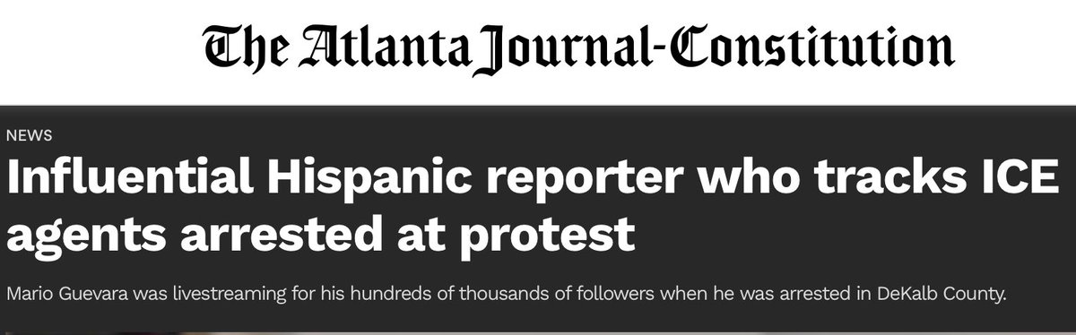 At yesterday's protests in Atlanta, police arrested journalist Mario Guevara—clearly ID'd as press and, crucially, known for tirelessly documenting ICE abuses—for livestreaming their crackdown. 

He was charged with "obstruction" and "pedestrian walking on or along" a roadway.