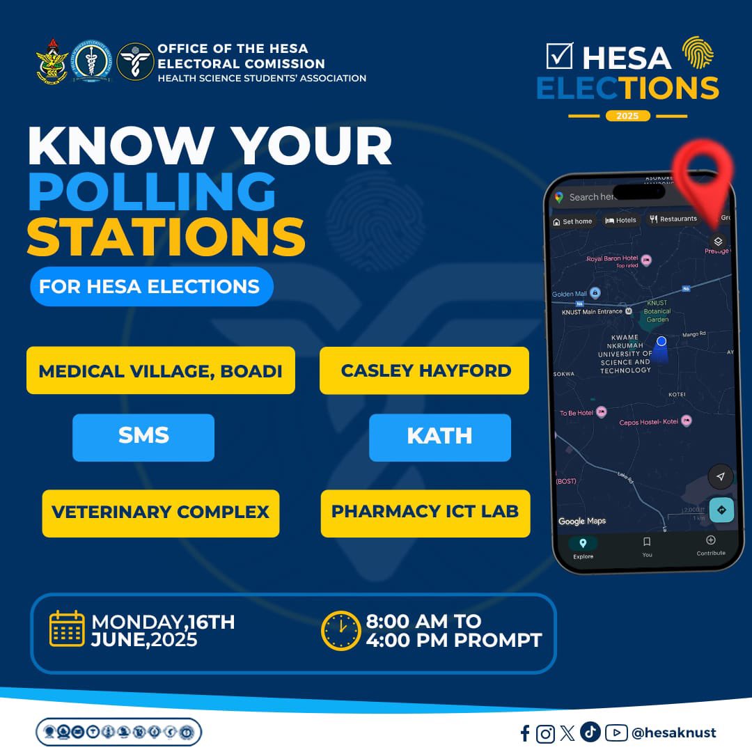 KNUSTSRCEC's tweet image. Polling centers for the HESA and SCISA elections scheduled for tomorrow,16th June 2025.

Voting commences at 8am.

#KNUSTDecides2025
