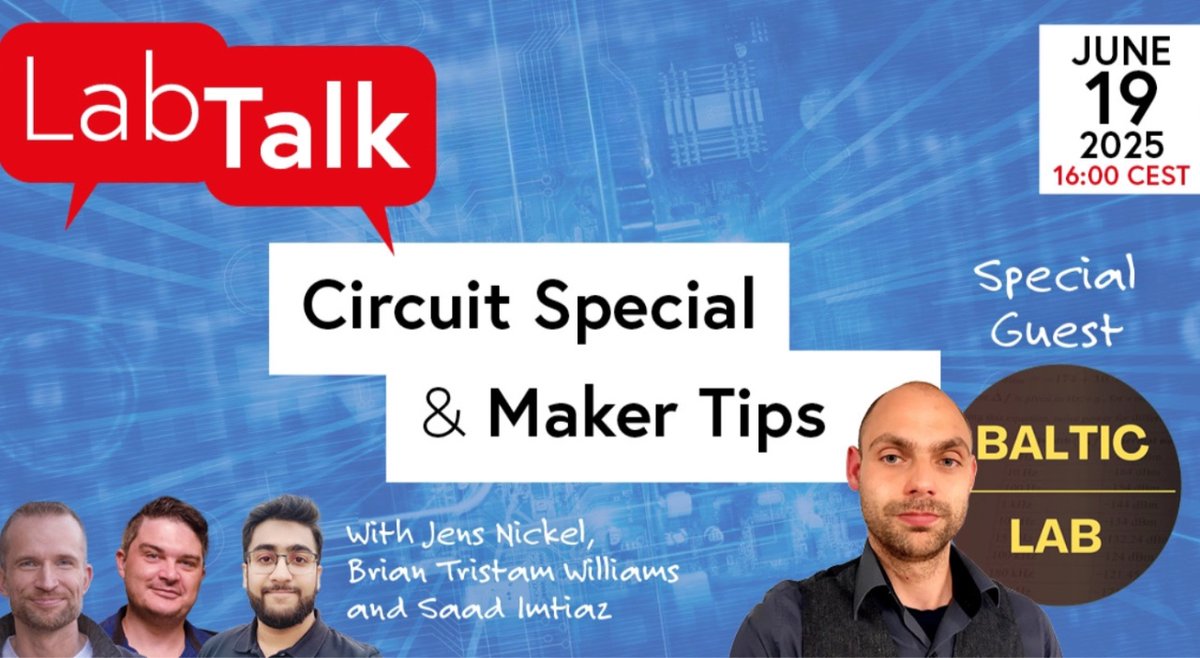 Elektor Lab Talk: Circuit Special and Maker Tips
Register Now streamyard.com/watch/hTaxbfui…
Join us on Thursday, 19 June 2025, for Elektor Lab Talk #35. Editors Brian Tristam Williams and Jens Nickel will be joined by engineers Saad Imtiaz and Sebastian from <a href="/BalticLabEE/">Sebastian</a> for a fun and