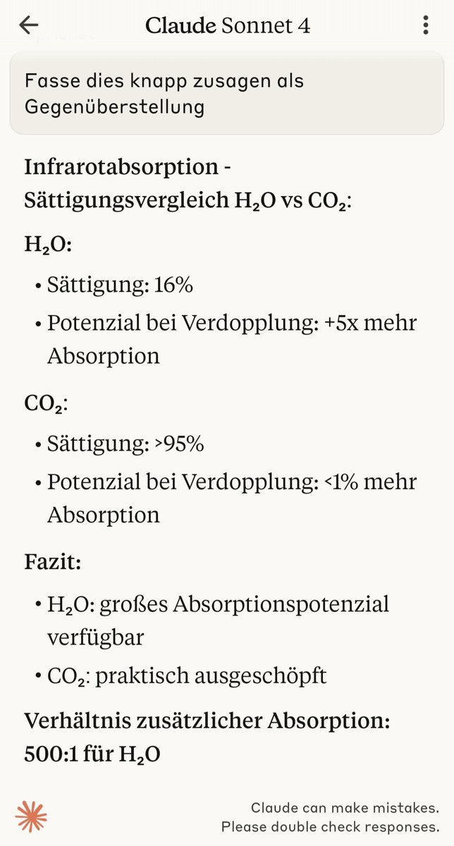 Der Effekt von  erhöhter CO2 Konzentration ist praktisch null.
Claude hat das klar errechnet.
CO2 Vermeidung ist also Unsinn.