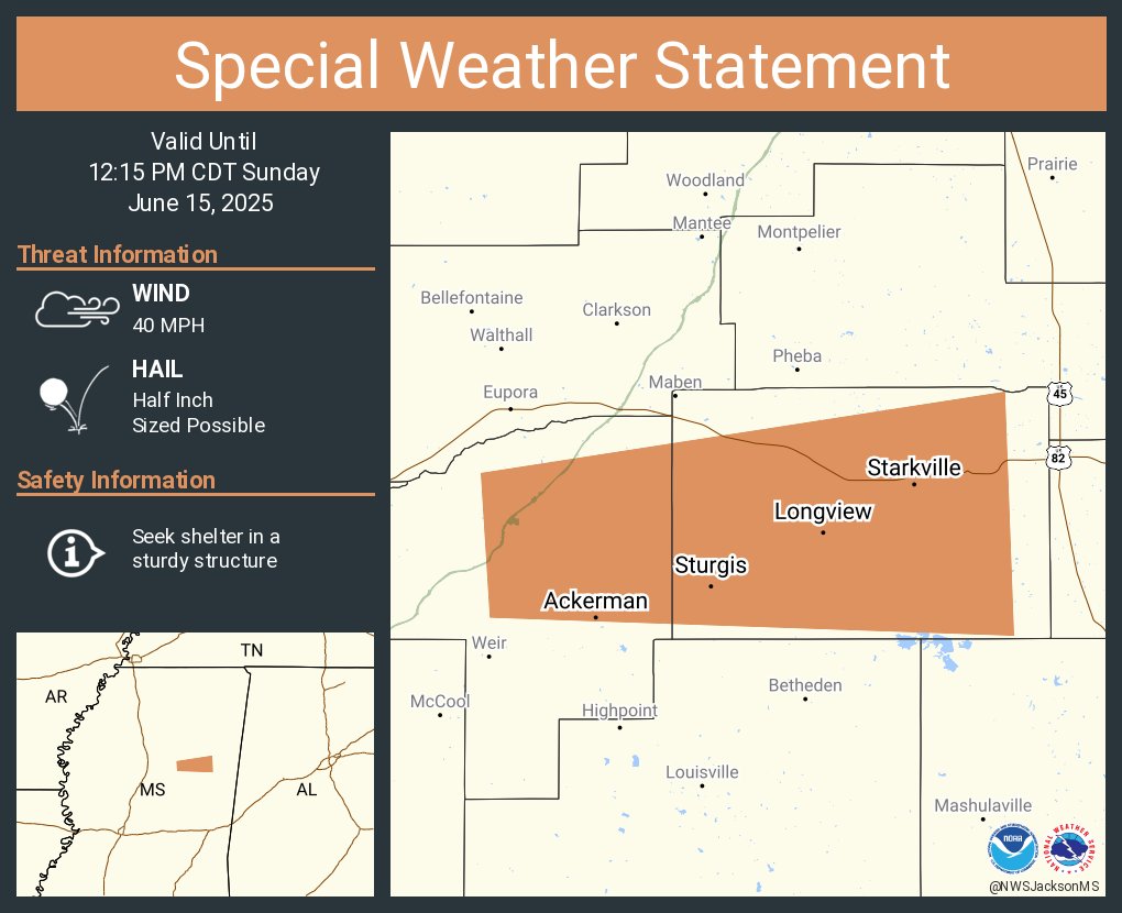 A special weather statement has been issued for Starkville MS, Ackerman MS and  Sturgis MS until 12:15 PM CDT