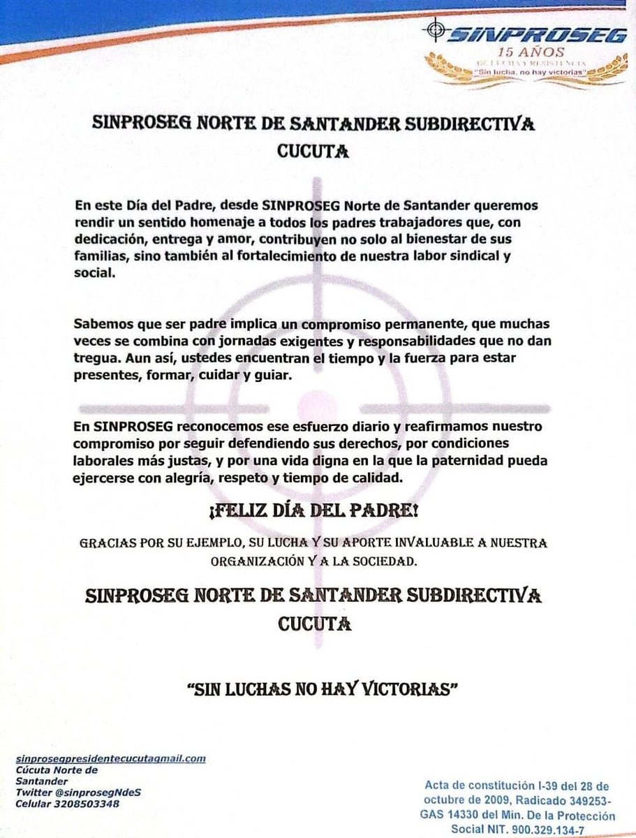 En nombre de nuestro sindicato <a href="/SINPROSEGCUCUTA/">Subdirectiva Cucuta</a>, queremos desearles a nuestros afiliados y no afiliados que hacen parte del PROGRAMA DE PROTECCIÓN DE LA UNP , un FELIZ DIA DEL PADRE. <a href="/destacar/">ISABEL FERNANDEZ AR</a>