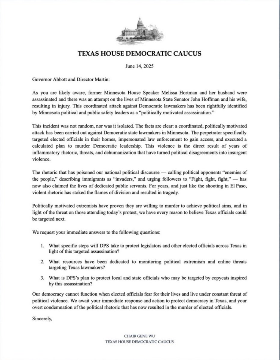 lindafortexas's tweet image. After the political killings in MN, I joined a letter urging Gov. Abbott to act now to protect officials & democracy.
——
Tras los asesinatos en MN, firmé una carta pidiendo al gob. Abbott que actúe ya para proteger a funcionarios y la democracia.
#HD107 #TXLege