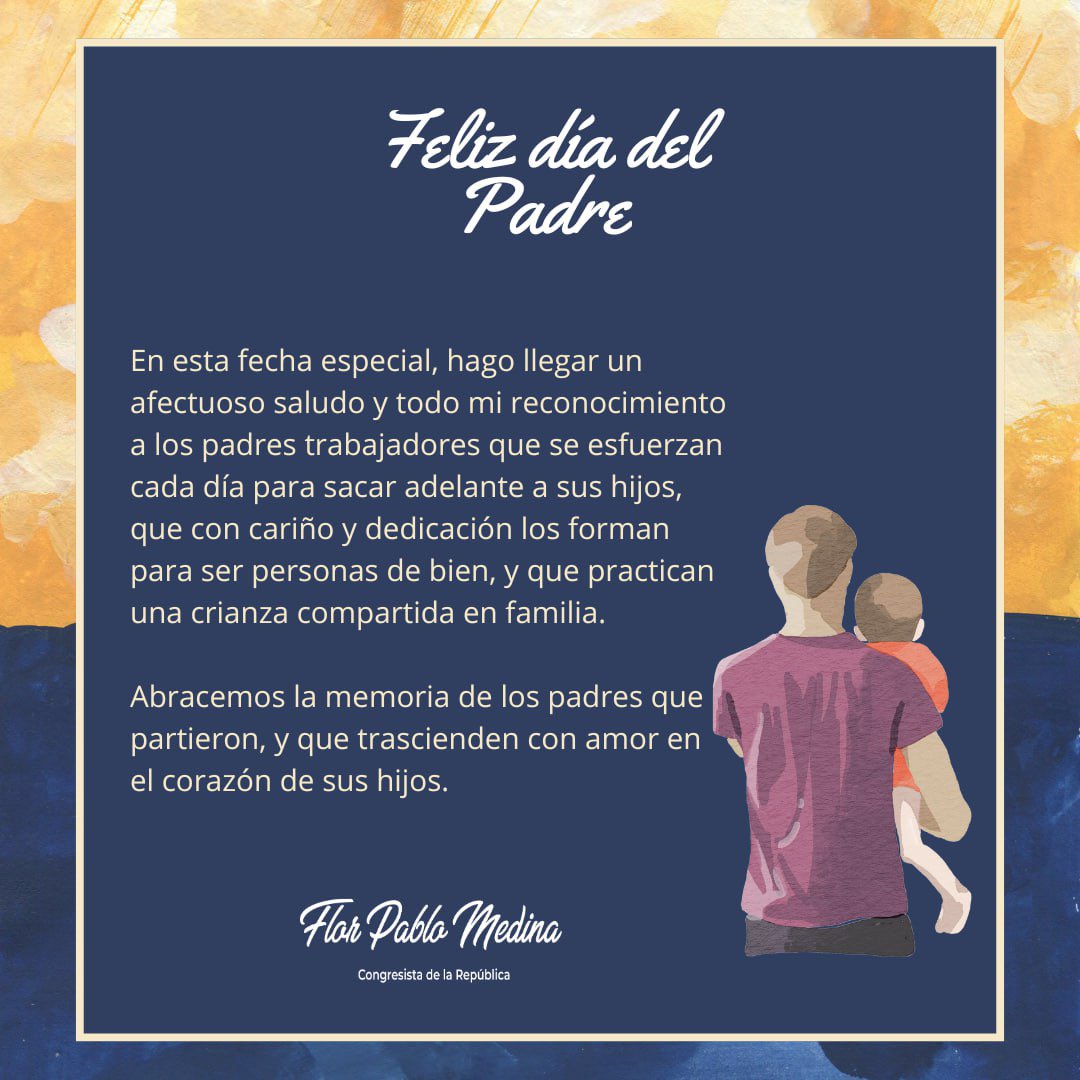 Feliz día a todos los padres del país, padres presentes, trabajadores, dedicados que se esfuerzan por sacar adelante a sus hijos y los forman para ser personas de bien. A aquellos que practican una crianza compartida en familia. Todo mi reconocimiento.