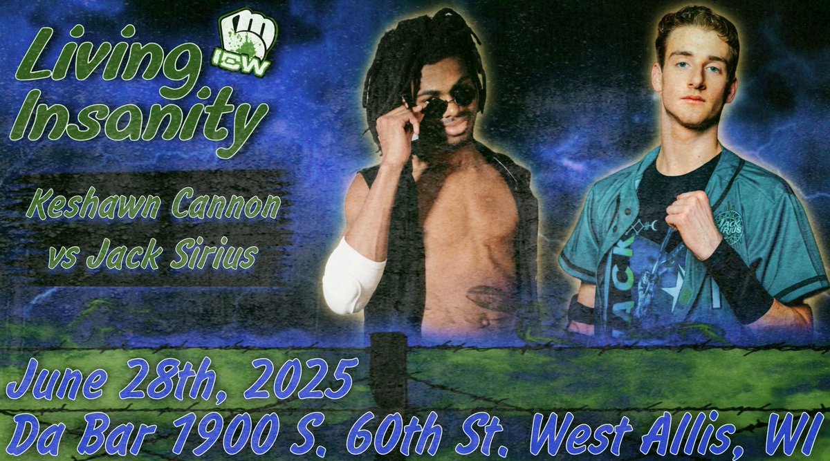 ICWMKE's tweet image. 馃毃Match Announcement馃毃
After Both Coming Up Short in The Iron Man Insanity Match, 2 Former ICW Midwest Champions Still Have Some Unfinished Business to Take Care of at Living Insanity!
Keshawn Cannon vs Jack Sirius