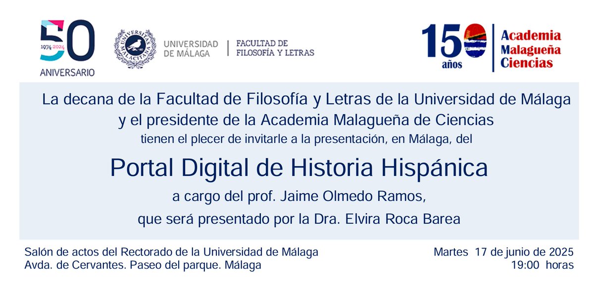 Este martes 17/06/2025 te invitamos a asistir a la presentación del  PORTAL DIGITAL DE HISTORIA HISPÁNICA, una iniciativa de la Real Academia de la Historia, a cargo del prof. Jaime Olmedo Ramos,  que será presentado por la Dra. Elvira Roca Barea.
historia-hispanica.rah.es