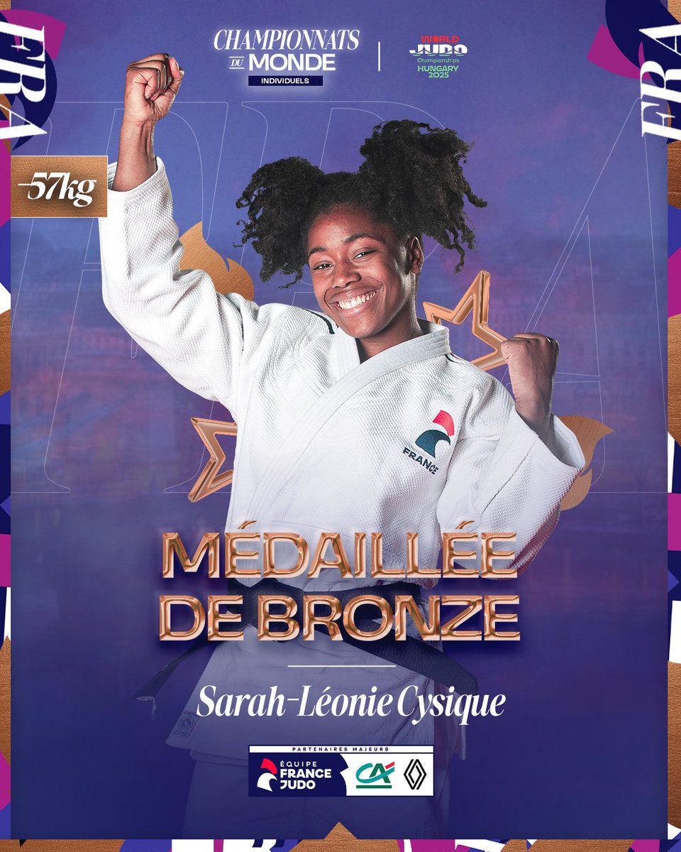 MÉDAILLÉE DE BROOOONZE 🥉

Sarah-Léonie Cysique s’impose en place de 3 et remporte sa première médaille mondiale ! 🥹🌍

Quel parcours ! Félicitations Sarah-Léonie !! 👏👏

#JudoWorlds #FierdEtreJudoka