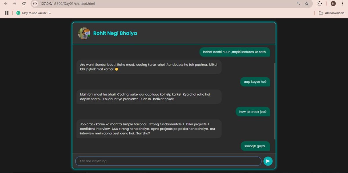 d_isha2003's tweet image. Just built a simple yet efficient Rohit Bhaiya Chatbot as part of a mini hackathon! 💻
It was my first hackathon, and it really helped me overcome my fear.
Thank you Rohit Bhaiya for the guidance.
#MiniHackathon 
#GenAI 
#FirstHackathon #Chatbot
@rohit_negi9 @adityatandon02