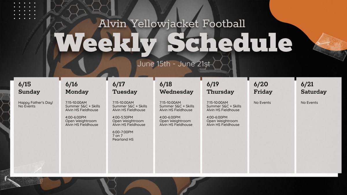 Here is our week schedule. Don't forget 7 on 7 this Tuesday evening at Pearland HS. Games at 6:00 and 6:30PM. Let's make it a great one, JACKETS!