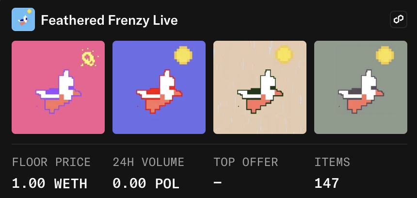 Makhno_Design's tweet photo. "Feathered Frenzy Live" is flying high with a 1 WETH floor. 🚀
Only 147 of these pixel birds exist. Think it has room to soar?
#NFT #Crypto #PixelArt #WETH #FeatheredFrenzy https://t.co/NVU6pO0sXA