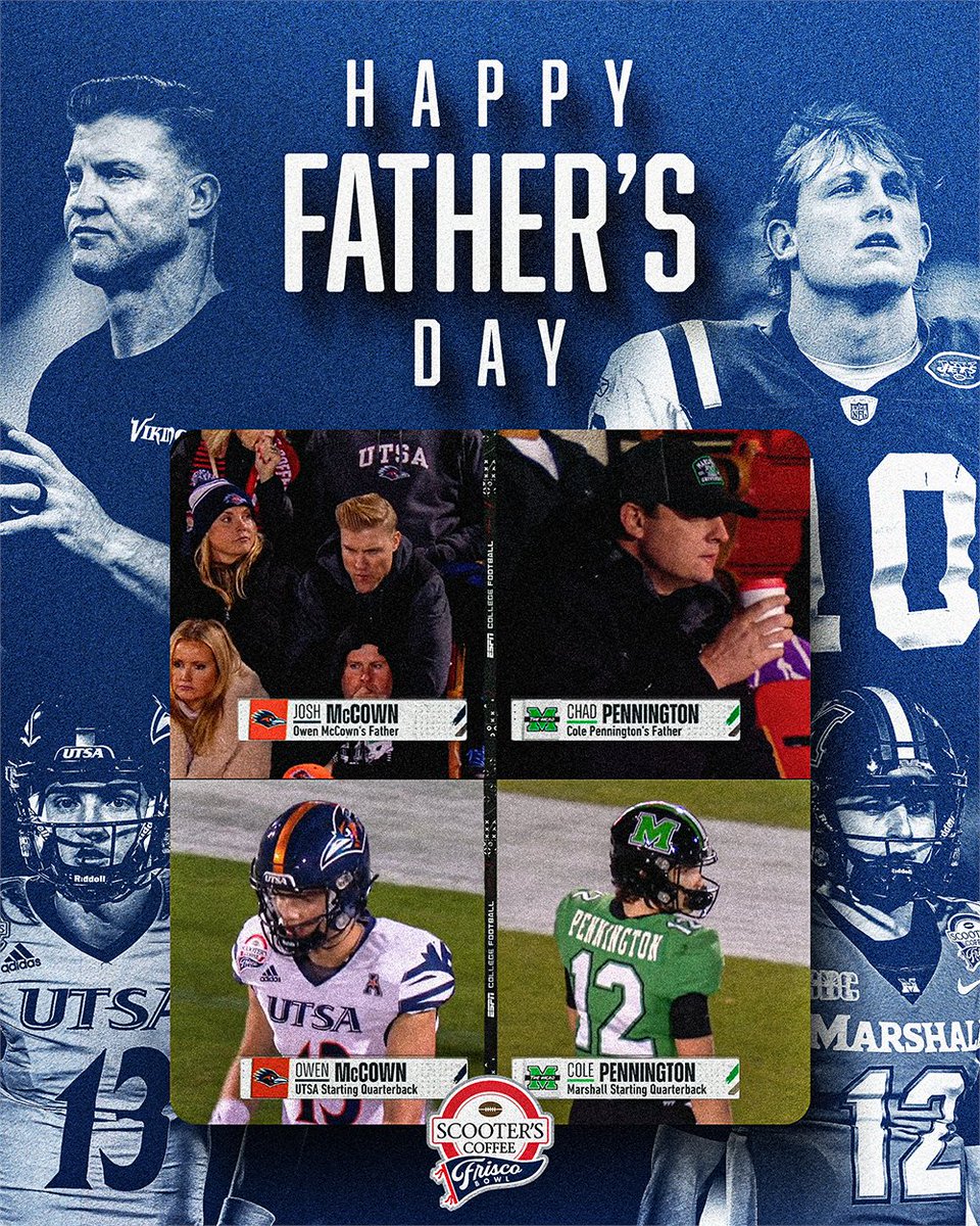 Scooterโs Coffee Frisco Bowl (@friscobowlgame) on Twitter photo Happy Fatherโs Day from the Scooterโs Coffee Frisco Bowl! Throwback to our 2023 game, when NFL alumni <a href="/JoshMcCown12/">Josh McCown</a> and <a href="/ChadPennington/">Chad Pennington</a> watched their sons face off on our field. Here's to all the dads who lead, support, and inspire every day.
#FriscoBowl | #FathersDay Happy Fatherโs Day from the Scooterโs Coffee Frisco Bowl! Throwback to our 2023 game, when NFL alumni <a href="/JoshMcCown12/">Josh McCown</a> and <a href="/ChadPennington/">Chad Pennington</a> watched their sons face off on our field. Here's to all the dads who lead, support, and inspire every day.
#FriscoBowl | #FathersDay