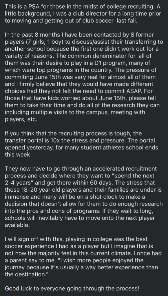 With today being June 15 I wanted to post this PSA from a former Director of a top ECNL club (posted last year). 

Resist the pressure to commit too soon. Find your fit!

<a href="/ImYouthSoccer/">ECNL/GA/Recruiting/College Soccer</a>