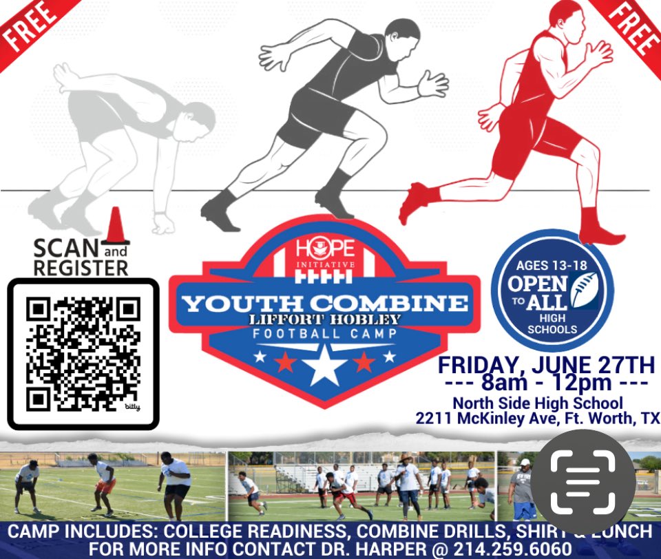 🏈Youth Combine!!!🏈
Open to all high schools!
June 27th for ages 13 -18
Scan to register
