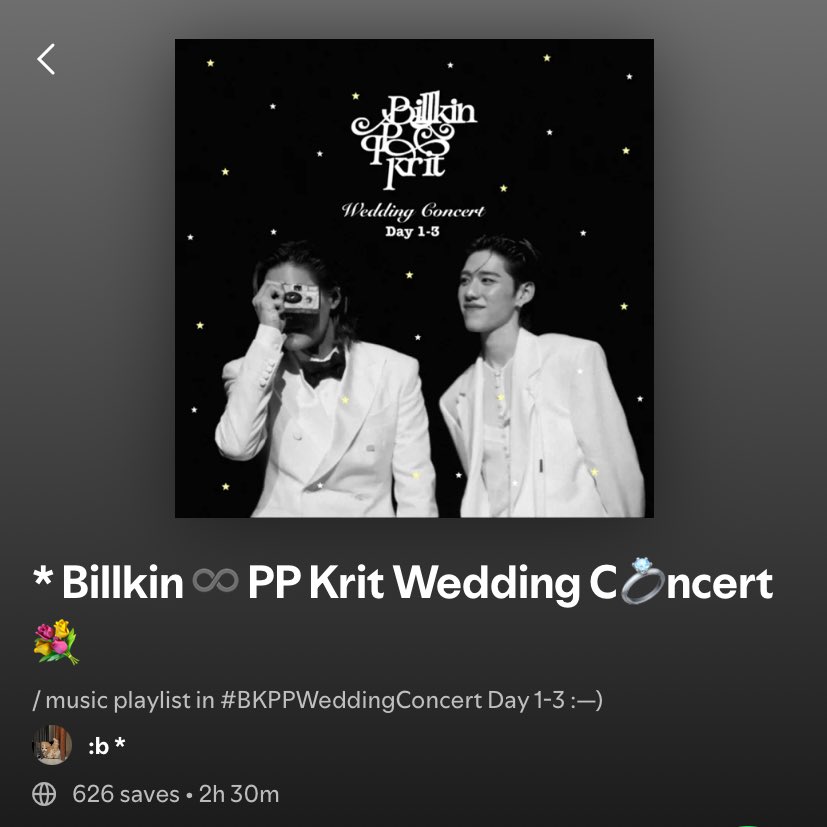 📼 * playlist from 
🤵🏻💍🤵🏻 #BKPPWeddingConcert 💐🤍

📻 : open.spotify.com/playlist/4OYaB…

* #BKPPWeddingConcert_D1 
** #BKPPWeddingConcert_D2 
*** #BKPPWeddingConcert_D3