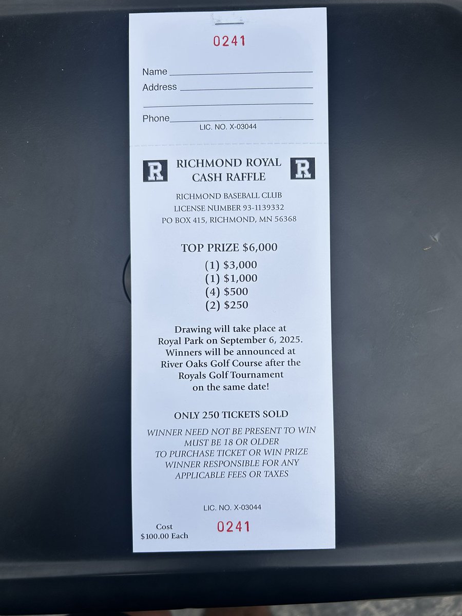 Richmond Royals (@richmondball) on Twitter photo Happy Fathers Day!! We will be taking on <a href="/Flames_Farming/">FarmingBaseballClub🔥⚾</a> in Richmond today at 1:30.
Also, we are selling raffle tickets for a cash raffle. Picture is listed below. Reach out to your favorite royal for one! Happy Fathers Day!! We will be taking on <a href="/Flames_Farming/">FarmingBaseballClub🔥⚾</a> in Richmond today at 1:30.
Also, we are selling raffle tickets for a cash raffle. Picture is listed below. Reach out to your favorite royal for one!