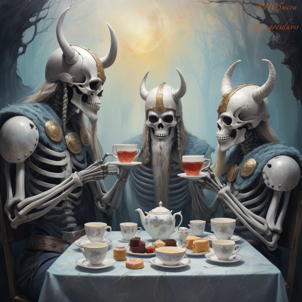 Welcome to THE CANVAS Art Party.
The theme is “the Vikings take their tea”. This is taken from a piece of music at the end of the movie “How to Train your Dragon”.  Please feel free to use the simple prompt “the Vikings take their tea” in any direction you would like-I would