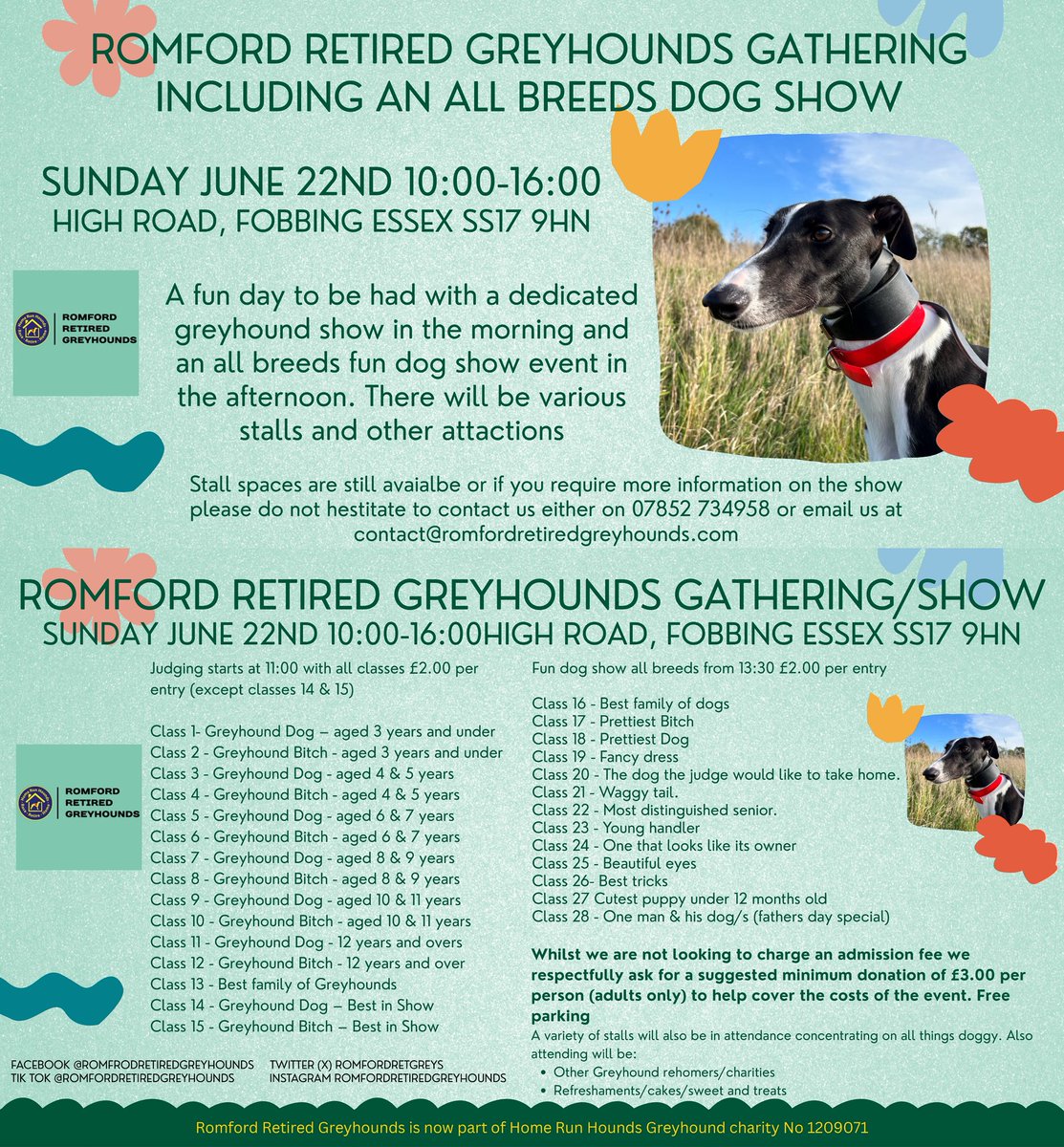 NEXT SUNDAY 22nd JUNE

Join us at our Greyhound and Fun Dog show open to all breeds. Fun starts from 10, Greyhound show from 11 and all breeds show from 1.30.  All welcome! 
#greyhound