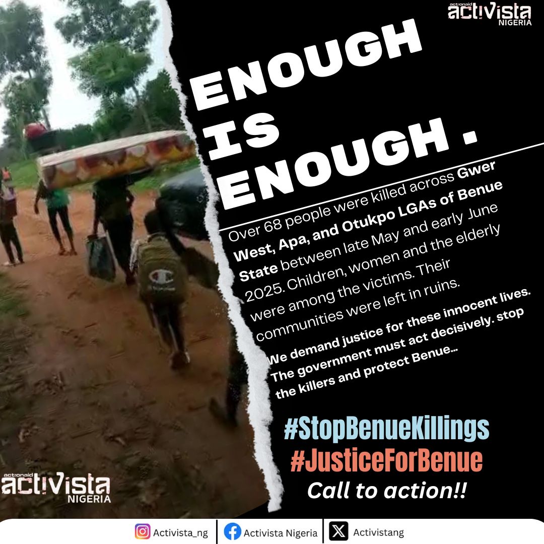 Over 100 people killed in just two weeks. More than 300 lives lost since January in Benue State. Innocent families slaughtered. We demand justice, protection, and immediate government response.
#benueunderattack 
#BenueLivesMatters <a href="/ActivistaNG/">ActivistaNigeria</a> <a href="/activistakaduna/">#ActivistaKaduna #KDYouth4GRPS</a>