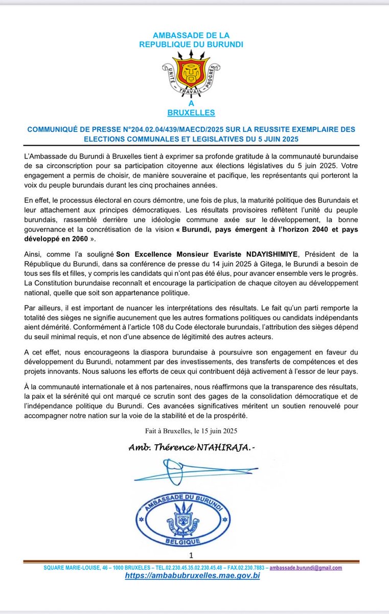 Amb. Thérence NTAHIRAJA (@ntahirajathren1) on Twitter photo Communiqué de presse sur la réussite exemplaire des élections communales et législatives du 5 juin 2025 <a href="/NtareHouse/">Ntare Rushatsi House</a> <a href="/BurundiGov/">Bureau du Premier Ministre</a> <a href="/CeniBurundi/">Commission Electorale Nationale Indépendante</a> <a href="/CnddFdd/">CNDD-FDD</a> <a href="/MAEBurundi/">MAECD</a> <a href="/BURUNDIDIASPOR1/">BURUNDI DIASPORA</a> 🇧🇮❤️ Communiqué de presse sur la réussite exemplaire des élections communales et législatives du 5 juin 2025 <a href="/NtareHouse/">Ntare Rushatsi House</a> <a href="/BurundiGov/">Bureau du Premier Ministre</a> <a href="/CeniBurundi/">Commission Electorale Nationale Indépendante</a> <a href="/CnddFdd/">CNDD-FDD</a> <a href="/MAEBurundi/">MAECD</a> <a href="/BURUNDIDIASPOR1/">BURUNDI DIASPORA</a> 🇧🇮❤️
