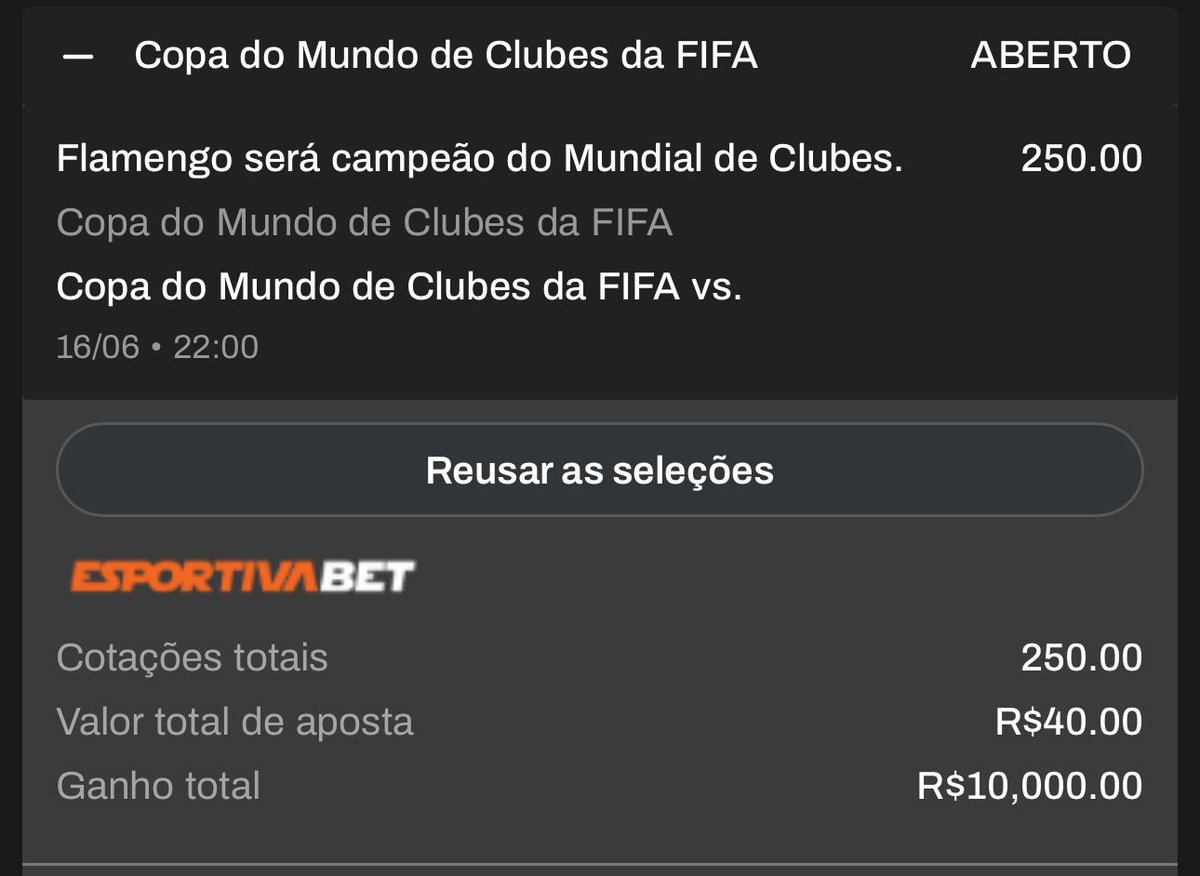 ODD 250 PRO MENGÃO SER CAMPEÃO!

Tô dentro e quem não deixar um troco nisso, é malucooooo