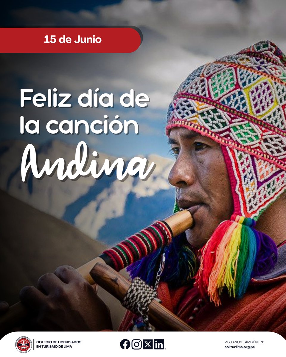 ColiturLima's tweet photo. 🎶 15 de junio – Día de la Canción Andina

Hoy rendimos homenaje a la voz del corazón del Perú. 
La canción andina no solo es música: es memoria, es resistencia, es identidad. 🌄
#ColiturLima #DíaDeLaCanciónAndina #OrgulloAndino #TurismoConIdentidad https://t.co/ASPBP4cFpy