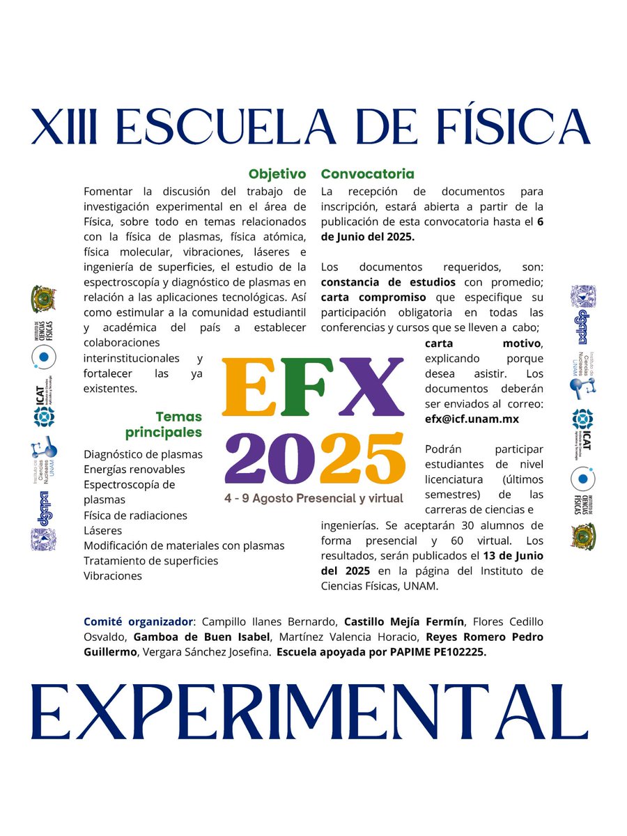 ¡Conoce la lista de alumnas y alumnos aceptados para la XIII Escuela de Física Experimental!

bit.ly/EFX_2025

Si fuiste aceptado/a, es necesario confirmar tu participación antes del 25 de junio por correo.

#UNAM #UNAMMorelos #Cuernavaca