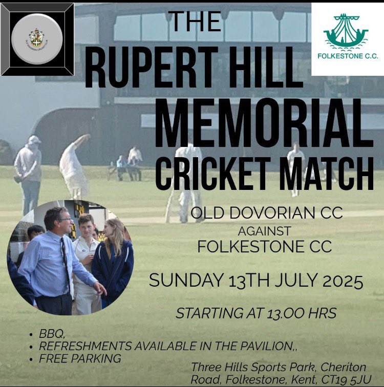 🏏 Join the #ODCricketClub for the Inaugural GRH Memorial Shield Match 🏏
In just 4 weeks’ time, the Old Dovorians, family, &amp; friends of Rupert Hill will gather at #FolkestoneCricketClub for a special day of #cricket, remembrance, &amp; camaraderie. Info @ 
olddovorians.com/event/the-old-…