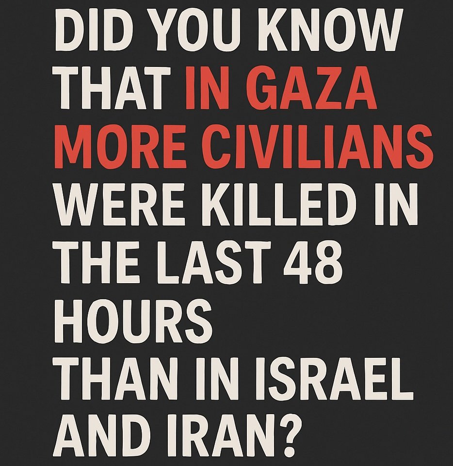 Civilians are dying — in #Israel, in #Iran, in #Gaza. Every life lost is a human tragedy.
But in Gaza, where more were killed in 48 hours than in both countries combined, there's no internet, no press, no voice.
Only silence — and rubble.