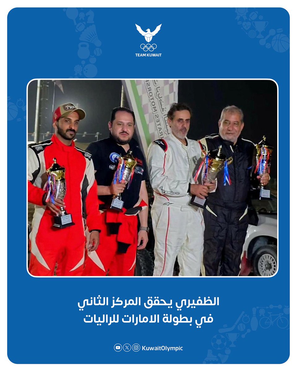 حقق متسابق الراليات البطل محمد الظفيري المركز الثاني 🥈بفئة (تي 1) ضمن منافسات الجولة الرابعة من بطولة الامارات للراليات بمشاركة أكثر من 25 متسابق 🇰🇼

#اللجنة_الأولمبية_الكويتية 
#TeamKuwait
