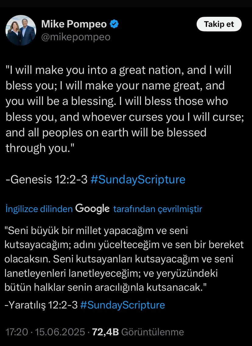 Batı aslında ne olduğunu gösteriyor. Bu bir din savaşı. Bu savaş İsrail-Hamas, İsrail-Hizbullah, İsrail-İran savaşı değil. Batı ile İslamın savaşıdır…

Eski ABD dışişleri bakanı ve CIA şefi Mike Pompeo'nun paylaşımı her şeyi açıklıyor.