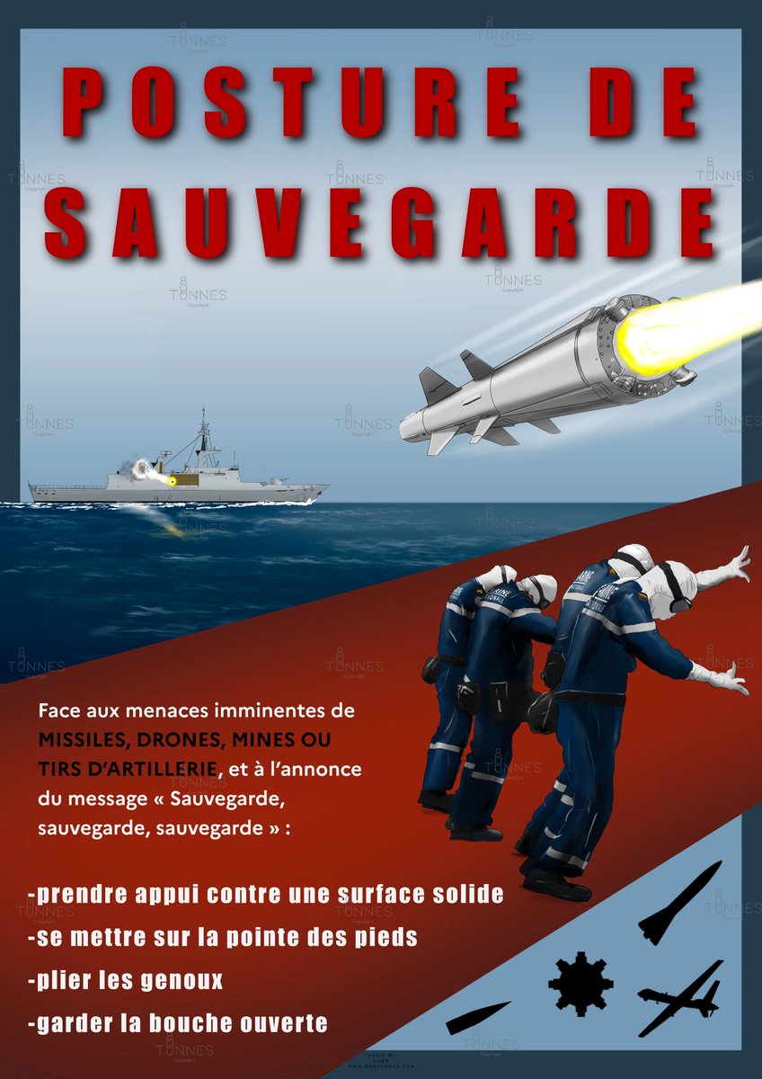 "Sauvegarde, sauvegarde, sauvegarde!" 

Souvenir de mon passage sur FLF en mai dernier, quand on annonce (pour exercice!) un missile fonçant sur le bateau!

Le poster est en vente ici: 800tonnes.com/fr/14-navires-… (et il ira parfaitement dans votre bureau)
