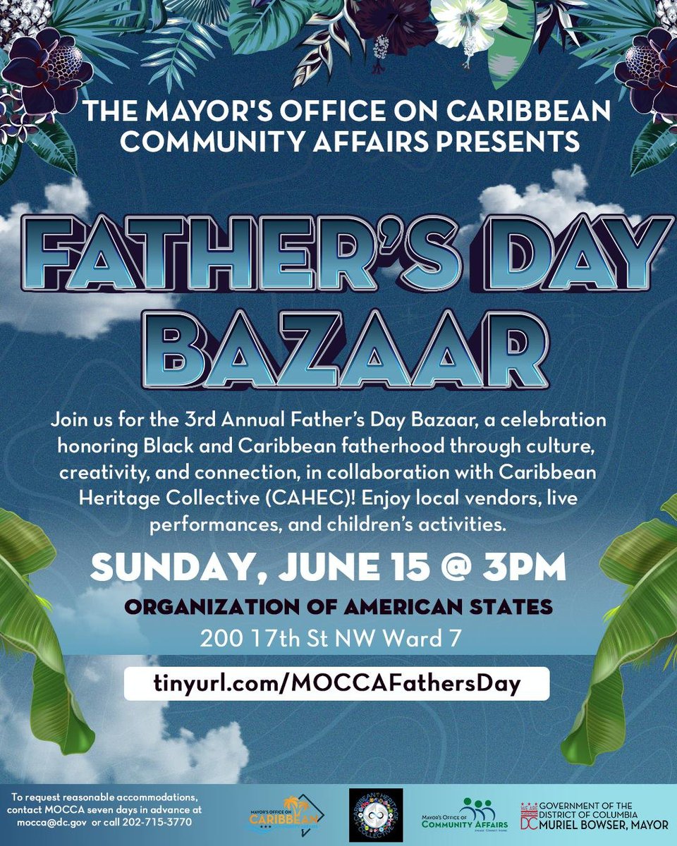 Mayor Muriel Bowser (@mayorbowser) on Twitter photo One way we’re celebrating fathers today is with <a href="/MOCCADC/">Mayor’s Office on Caribbean Community Affairs</a>'s 3rd Annual Father’s Day Bazaar!
Honor Black and Caribbean fatherhood with community, music, local vendors, and fun for all ages. The celebration kicks off in just 2 hours.
Learn more & register: tinyurl.com/MOCCAFathersDay One way we’re celebrating fathers today is with <a href="/MOCCADC/">Mayor’s Office on Caribbean Community Affairs</a>'s 3rd Annual Father’s Day Bazaar!
Honor Black and Caribbean fatherhood with community, music, local vendors, and fun for all ages. The celebration kicks off in just 2 hours.
Learn more & register: tinyurl.com/MOCCAFathersDay