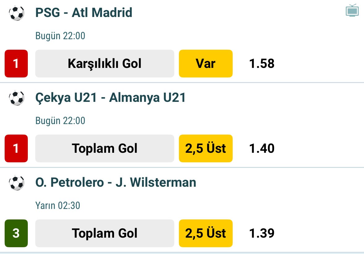 Selamlar dostlar günün kombinesi.

Güvenim çok yüksek değil boş geçmek de istemem.

Maçlarımız size emanet.

📈3.07