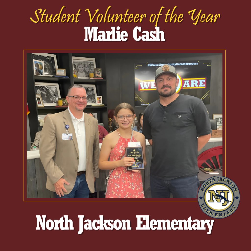 Congratulations to Marlie Cash!  She was recognized by the board and TJ Community Mission Foundation as North Jackson Elementary Student Volunteer of the Year!
#WeareBC