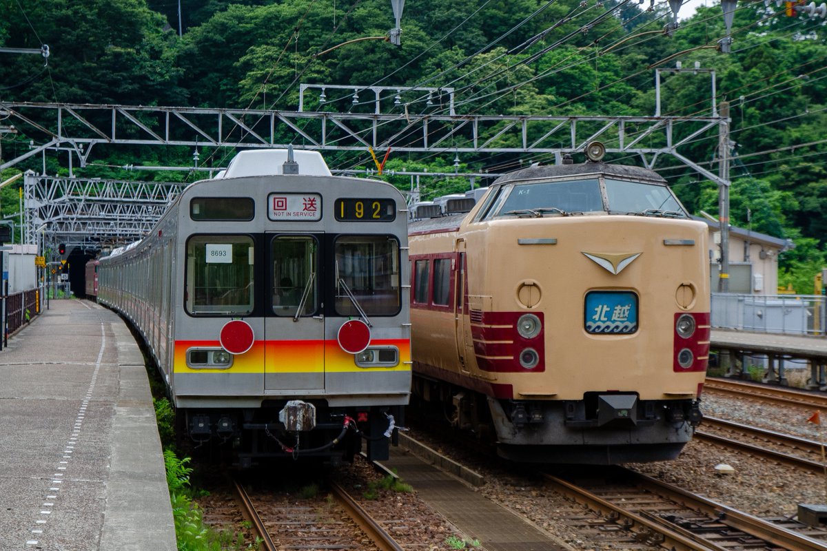 2013/07/09-10日にかけ
元東急8590系5両が富山地方鉄道に譲渡されるため甲種輸送があった。
長津田から八王子間はDE10 1553
八王子から南長岡間はEH200-4
南長岡から富山貨物タ間はEF81 718が牽引

名立駅で485系K1編成の1056M北越6号の通過待ちがあり、北陸本線らしい1枚を記録