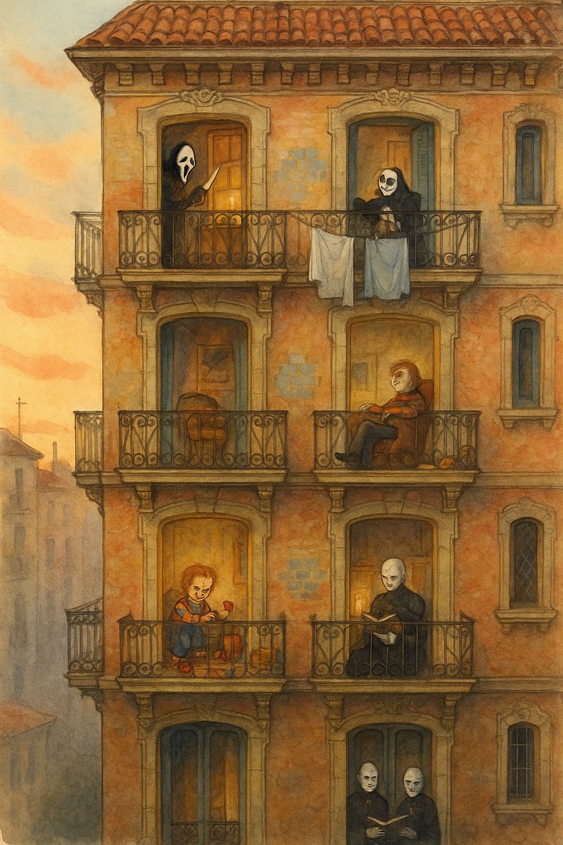 Un edificio típico de Barcelona habitado por los grandes íconos del cine de terror de los 90: Ghostface, Chucky, Freddy, los Cenobitas… Cada uno con su rutina, como si fueran vecinos de toda la vida. 🏚️🩸Prompt en la imagen.
#AIart #Horror90s #Barcelona #Midjourney #ArteConIA