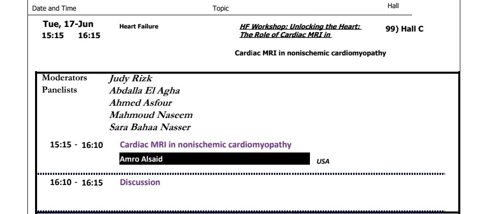 🚨 #CardioAlex25 is almost here!
Excited to give 2 case-based talks:

📅 6/17 (3:15–4:15 PM) – CMR in NICM | Hall C
📅 6/19 (10:15–10:30 AM) – CT in Complex Structural Interventions | Showcases Room

Let’s connect, learn &amp; push the field forward! 💡💥
Who’s in?