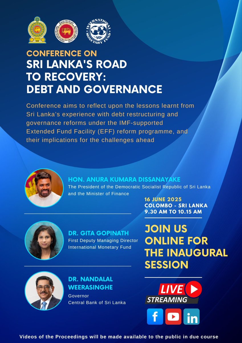 Join me tomorrow, June 16 at 10:00 AM IST as I open the “Sri Lanka’s Road to Recovery: Debt and Governance” conference. We’ll explore the country’s reform progress and how Sri Lanka’s experience can inform reform efforts elsewhere. Join live here: youtube.com/CBSLvideo