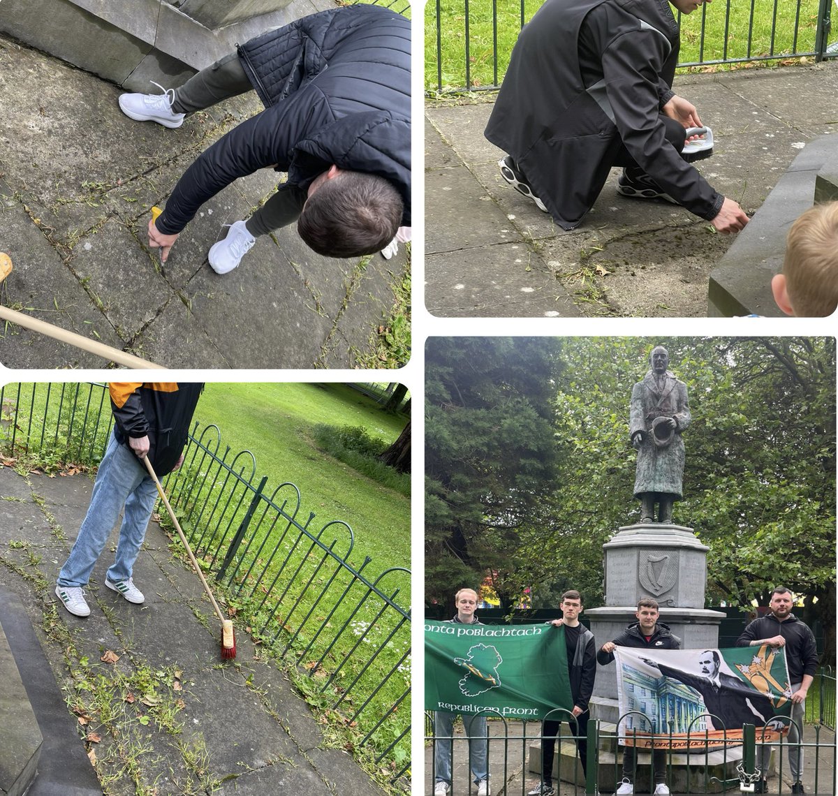 Fronta Poblachtach members today cleaned up the surrounds of the Seán Russell monument in Fairview, Dublin. Seán participated in the Easter Rising, the Tan War and the Civil War, and was Chief of Staff of the IRA.

Cuimhin linn le bród é
