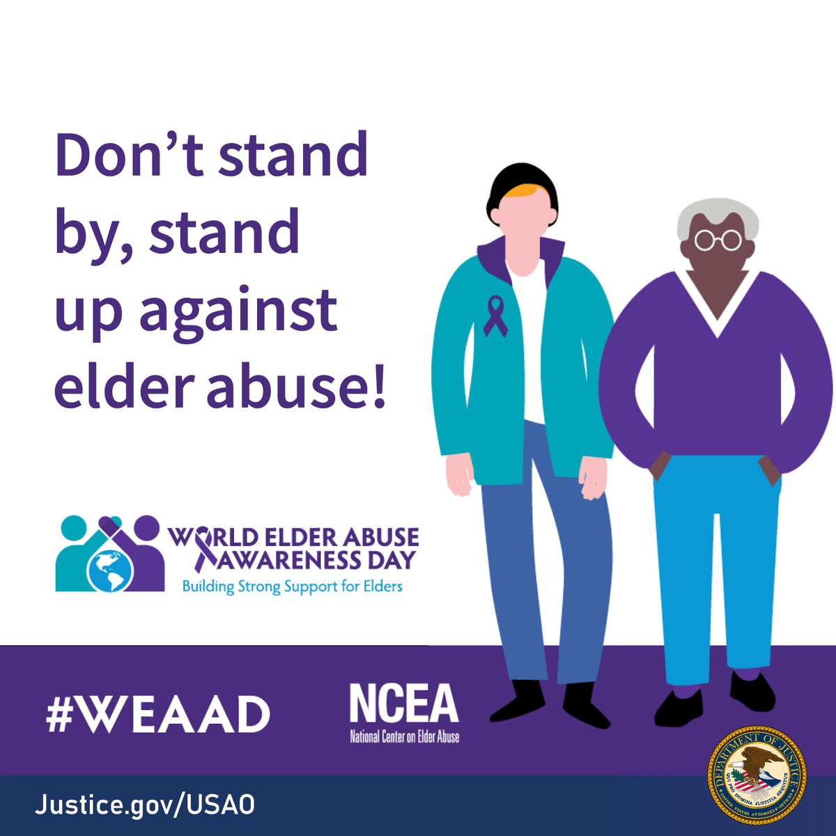USAttorneys's tweet photo. Today is World Elder Abuse Awareness Day. Now more than ever, we remain committed to preventing and prosecuting those who target older Americans. 

If you are a victim of Elder fraud, or know someone who is, take action and call: 1-833-372-8311. #WEAAD https://t.co/1WejV8ImUy