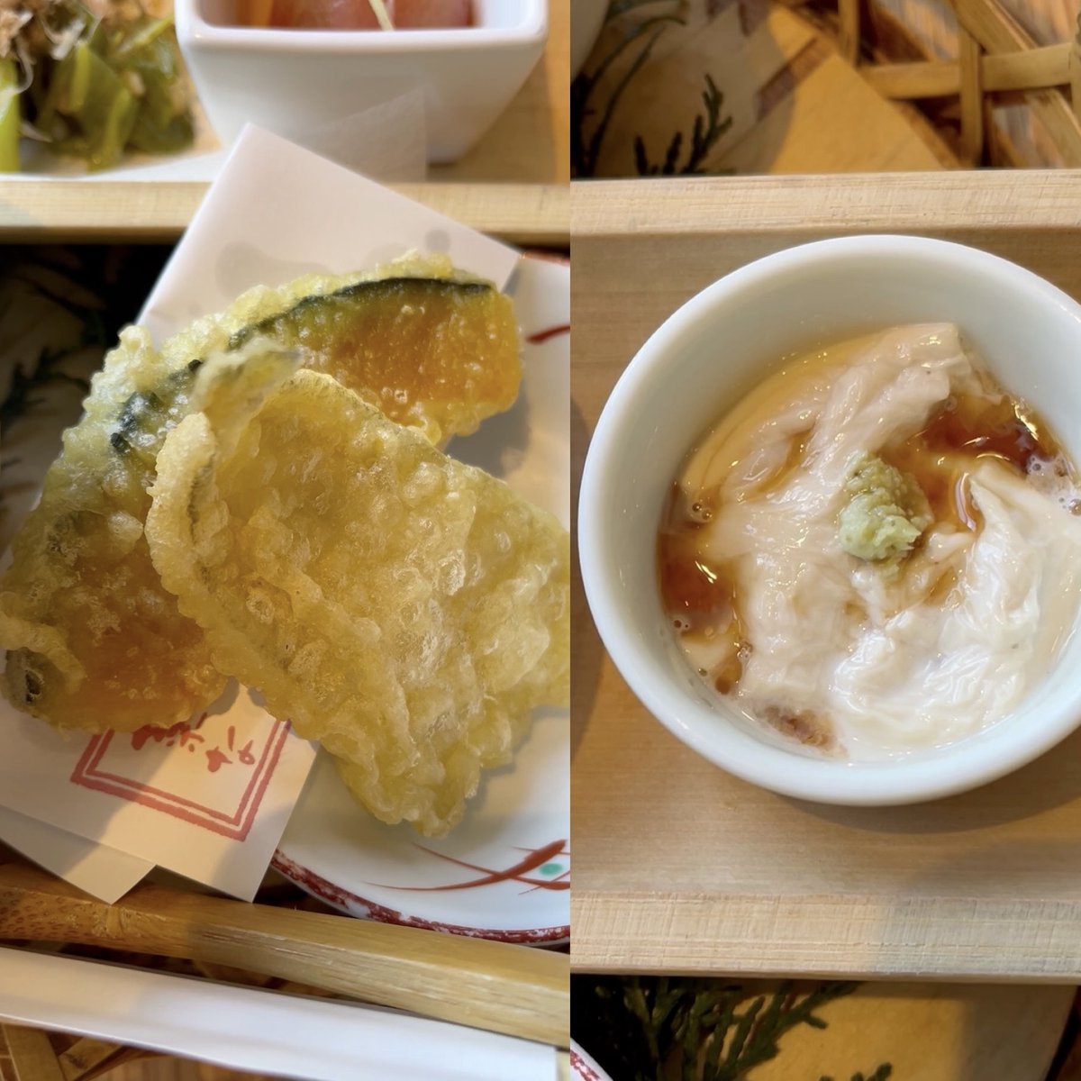 cookingwithdog's tweet photo. I visited Nana KITTE Marunouchi, conveniently located just a short walk from the Marunouchi South Exit of Tokyo Station. 👩‍🍳😍 I was seated by the window with a great view of the Tokyo Station building—it truly lifted my spirits! I ordered the Nana Basket Set with Sea Bream Dashi Chazuke (1,980 yen including tax). The small dishes were beautifully arranged in a basket, creating a vibrant and visually appealing presentation.

First up was the sea bream chazuke. It was generously topped with sesame sauce—so much so that the sea bream was completely hidden. I usually like to enjoy the sea bream on its own first, but this time, I accidentally poured the hot dashi over it right away. Still, sea bream chazuke always delivers such a comforting flavor. 😋 The sesame aroma and dashi blended perfectly, making it light and easy to eat.

The grilled menuke marinated in Saikyo miso was rich and flavorful, with the taste soaked deep into the fish—it was absolutely delicious!
A staff member explained that menuke is a deep-sea fish, and its name comes from its bulging eyes caused by pressure changes when brought to the surface.

The dengaku-style namafu (wheat gluten) was chewy and paired wonderfully with the sweet miso—one of my personal favorites.

The simmered Manganji pepper had no spiciness at all and was beautifully infused with dashi. Other dishes included tomato soaked in cold broth and sashimi-style fresh yuba, both delicate and soothing in flavor. ☺️

The dried persimmon and fried fu (wheat gluten) dressed with walnuts was an unexpected combination that inspired ideas for my own cooking.

The meal also included roast beef and tempura made with kisu fish and kabocha squash, allowing me to enjoy a variety of flavors in small, satisfying portions.

The Saikyo-marinated fish apparently changes with the seasons, so I definitely want to come back and try it again.

伺ったのは、「菜な KITTE丸の内店」。東京駅丸の内南口からすぐのところにありアクセスはとても良いです。
通されたのは、東京駅の駅舎がよく見える窓際の席。気分も上がります！

注文したのは、「菜なの籠盛りと鯛だし茶漬け膳」（税込1980円）。籠にきれいに小鉢が並べられていて、見た目もとっても華やかです。
まずは鯛出汁茶漬け
ごまだれがたっぷりかかっていて、鯛が見えないくらい。いつもは先に鯛を味わうのですが、うっかり先に熱々の出汁をかけてしまいました。やっぱり、鯛茶漬けはいつ食べてもほっとする味😋ごまの風味とだしの香りがよく合って、さらさらと食べられます。

メヌケの西京焼きは、脂がのっていて中まで味が染みていてとっても美味しい！
スタッフの方が「メヌケは深海魚で、引き揚げられた時、水圧の変化で目が飛び出すのですよ」と名前の由来を教えてくださいました。
生麩田楽はもっちりした生麩と甘めの味噌の相性が良く、私の好物です。

万願寺唐辛子の煮浸し
唐辛子のピリッとした辛さは全くなく、お出汁が効いています。その他冷たいお出汁に浸したトマト、生湯葉のお刺身も優しい味で嬉しい☺️

干し柿と揚げ麩の胡桃和え
揚げ麩がこんな風に和え物になるとは意外で、お料理のヒントをいただきました。

そのほかにも、ローストビーフ、キスとカボチャの天ぷらがついていて、少しずついろんな味を楽しめました。
西京焼きのお魚は季節ごとに変わるそうなので、また伺って味わってみたいです。