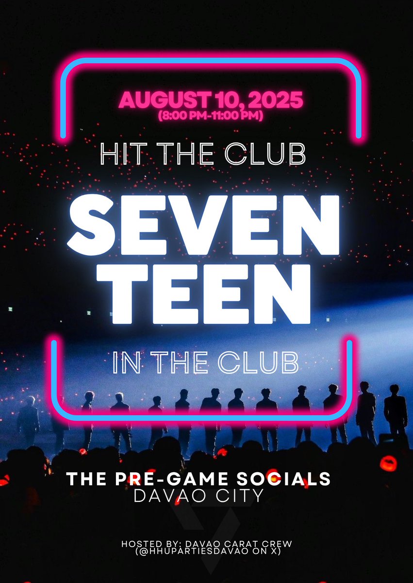 davaocaratcrew's tweet photo. Alo, Davao Carats!

Let us #HITTheClub and dance to an ALL SEVENTEEN MUSIC club party!

📍The Pre-game Socials, Davao City
🗓️ August 10, 2025 (Sunday)
🎟️ Register now: https://t.co/FV2EGAMkcE or scan the QR code directly

Scroll thru the thread for more details https://t.co/n4LHD39Dk2