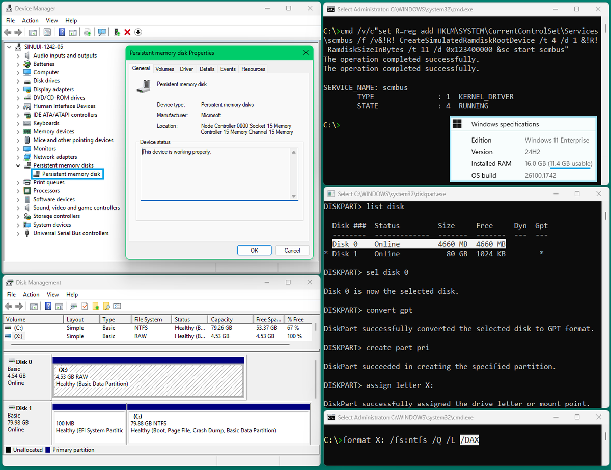 Did you know Windows has built-in RAM disk?
Not just your regular RAM disk. It's pmem/nvdimm, via scmbus.sys built-in hack!

That means you can make 🦆🦆🦆 #dax volume, so data/image mappings (section views) will use "drive" directly!
No data persistence; ws22/w11+. EZ 📀 create: