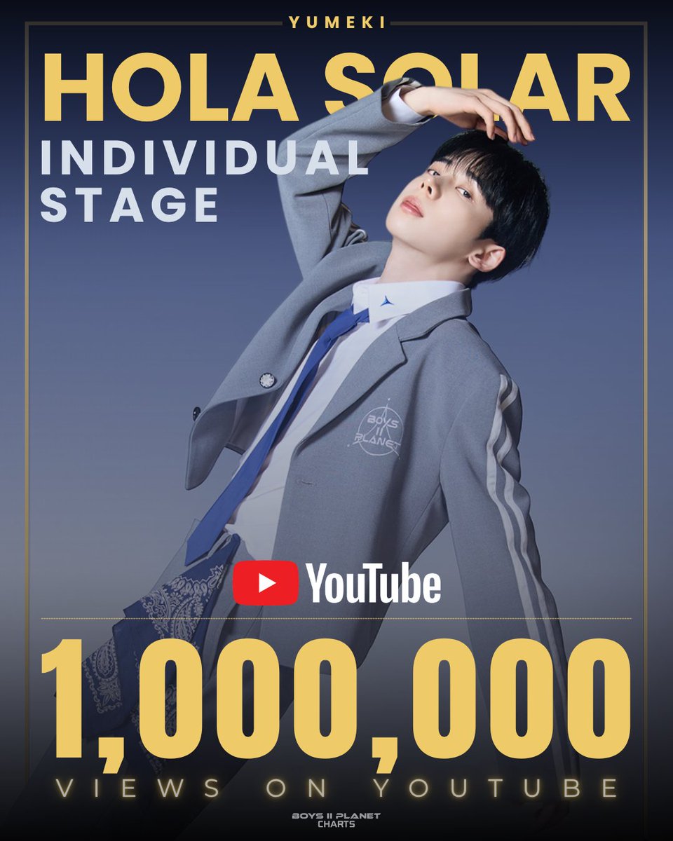 BOYS2PLANETDATA's tweet photo. Congratulations to @official_YUMEKI on surpassing 1 MILLION views on YouTube for his 'HOLA SOLAR' Signal Song Individual Stage! 🔥👏

#YUMEKI #유메키 #ユメキ #BOYS2PLANET #보이즈2플래닛 https://t.co/5j3Vq0ha0N