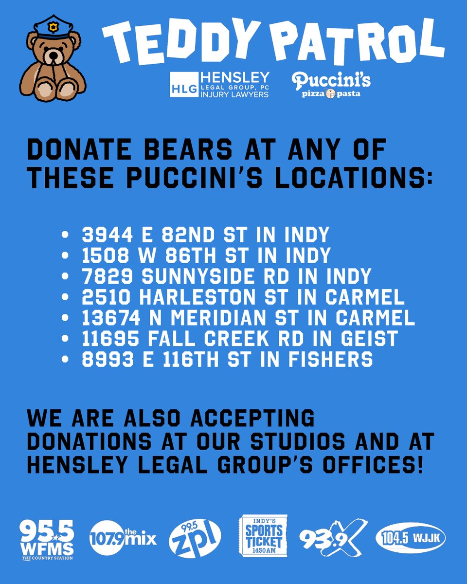 We now have MORE ways to donate teddy bears, thanks to <a href="/puccinis_pizza/">Puccini's Pizza Pasta</a>! 🧸 We're collecting Teddy Bears for our area law enforcement agencies so children involved in accidents and other traumatic situations can have an item of comfort at the scene. Join the <a href="/smileyradioshow/">Dave Smiley</a> Teddy
